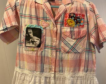 Donut Queen!!! Unique, comfortable, cotton Upcycled shirt. Short sleeved button down shirt. Creative patches. Size Medium women’s