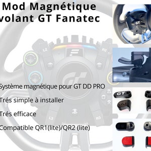 May include: A black steering wheel with a magnetic mod for the Fanatec GT DD Pro. The mod is compatible with QR1 and QR2 (lite) steering wheels. The image shows the mod installed on the steering wheel, as well as the individual parts of the mod.