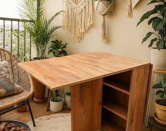 Drop Leaf Table with shelves, Multifunctional Foldable Table, Folding Kitchen Table, Foldable Dining Table, Portable Balcony Table