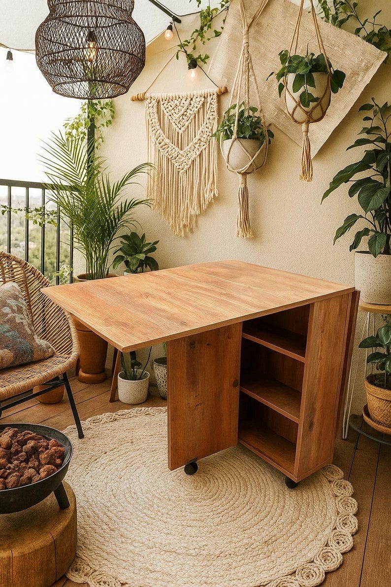 Drop Leaf Table with shelves, Multifunctional Foldable Table, Folding Kitchen Table, Foldable Dining Table, Portable Balcony Table natural wood color