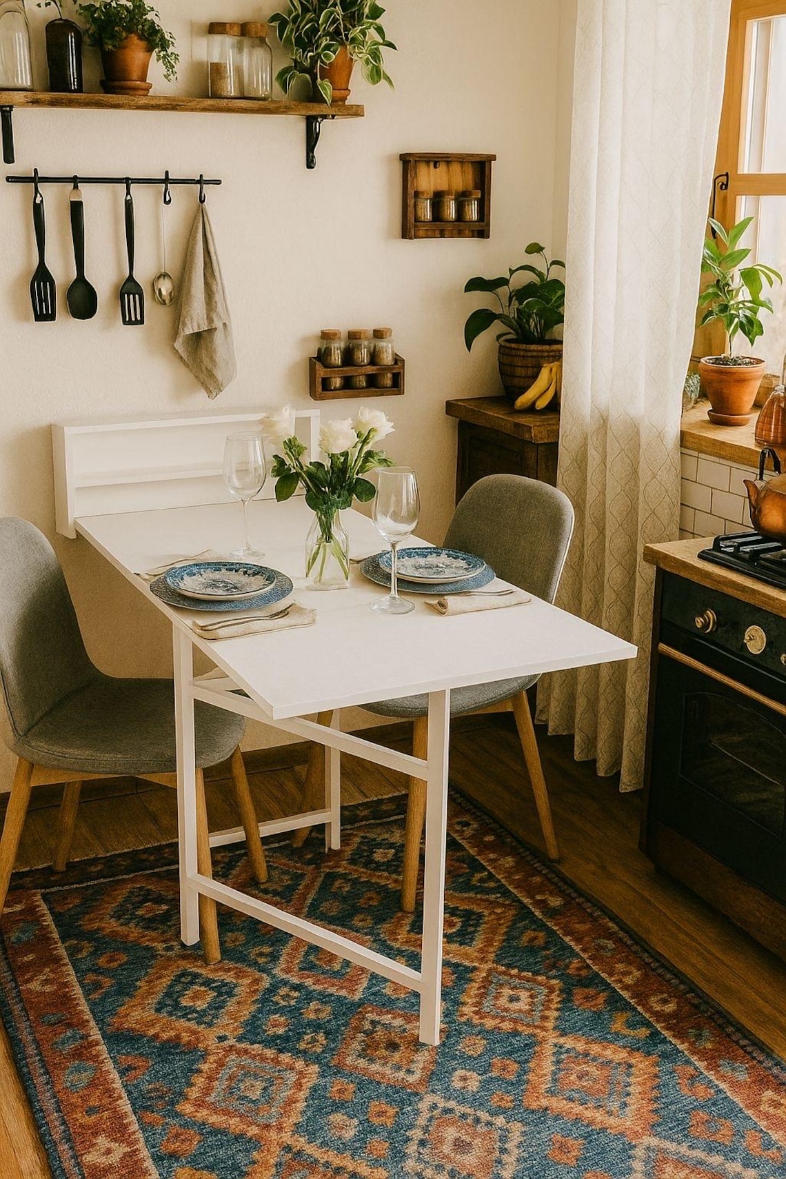 May include: A small white kitchen table with two gray chairs. The table is set with plates, napkins, and wine glasses. A vase of white flowers sits in the center. The table is on a patterned rug with blue, orange, and brown colors. The kitchen has wooden shelves, spice racks, and a black oven.