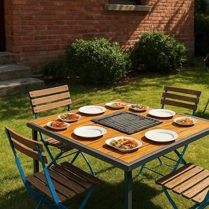 May include: Outdoor dining set with a square wooden table, a built-in grill, and six white plates with food. Four folding chairs with blue frames and wooden seats surround the table. The scene is set on a green lawn with a brick building in the background.