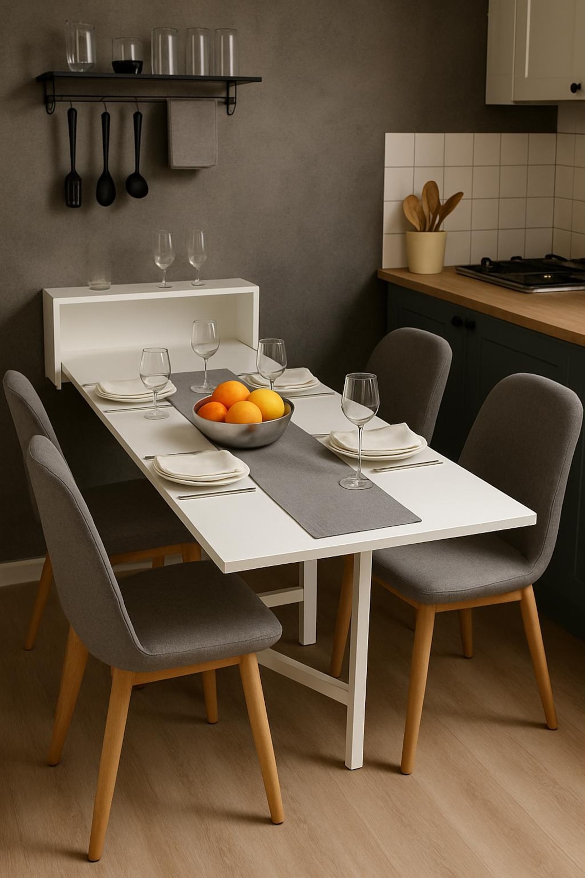 May include: A white, wall-mounted dining table with a gray runner and place settings for four. Gray chairs with wooden legs are positioned around the table. A shelf above the table holds utensils and a towel. A bowl of oranges sits on the table, and wine glasses are arranged on the table.