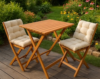 Mesa plegable de madera para jardín y picnic con sillas y cojines, mesa plegable para balcón y mesa de exterior.