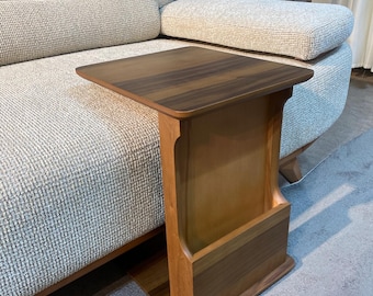 C Shaped Walnut Side Table, Rolling Sofa Tray Table, Under Bed Laptop Desk, Handmade Wooden End Table with Shelf Option