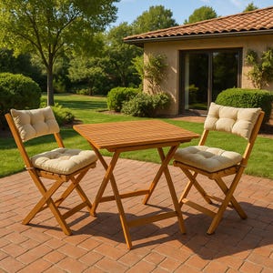 May include: A wooden bistro set for outdoor use, comprising a square table and two folding chairs. The chairs feature beige cushions. The set is made of light brown wood and is placed on a brick patio.
