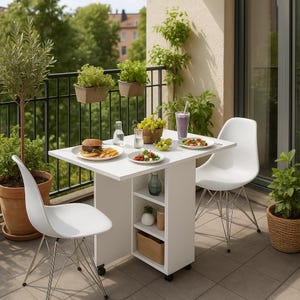 Drop Leaf Table with shelves, Multifunctional Foldable Table, Folding Kitchen Table, Foldable Dining Table, Portable Balcony Table white