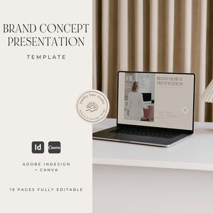 May include: A laptop computer with a white background showing a brand design presentation template. The laptop is on a white desk with a lamp and a logo sticker on the screen. The text on the screen reads "Brand Design Presentation". The text on the laptop reads "Sunday Lane Studio". The text on the desk reads "Brand Concept Presentation Template", "Id Canva", "Adobe InDesign + Canva", and "19 Pages Fully Editable".