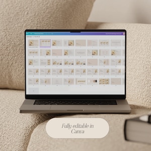 May include: A laptop computer displaying a Canva design template with multiple pages. The template is for a blog post and includes various layouts and design elements. The text "Fully editable in Canva" is displayed below the laptop.