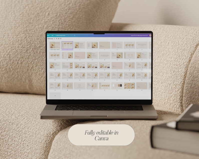May include: A laptop computer displaying a Canva design template with multiple pages. The template is for a blog post and includes various layouts and design elements. The text "Fully editable in Canva" is displayed below the laptop.