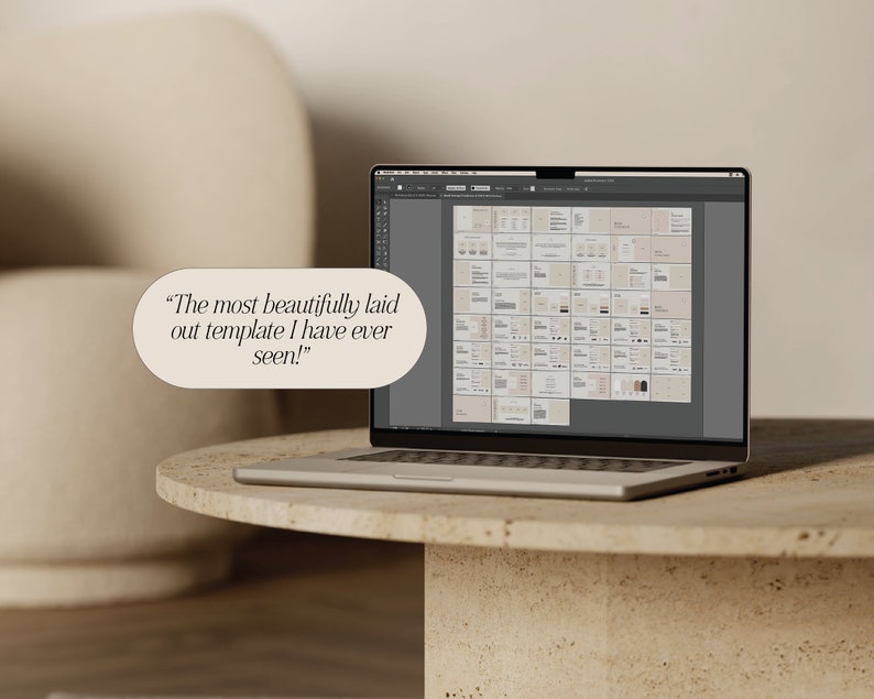 May include: A laptop computer displaying a digital design template on the screen. The template is a collection of various layouts and design elements. The text "The most beautifully laid out template I have ever seen!" is displayed in a speech bubble.