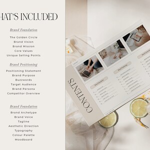 May include: A printable worksheet with the title "What's Included" and a list of brand foundation and brand positioning elements. The worksheet is titled "Contents" and includes sections for brand foundation, brand positioning, and brand archetype.