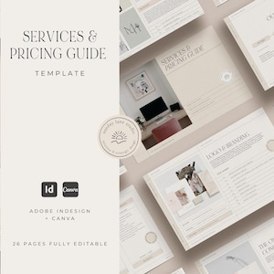 Modelo de guia de serviços e preços para designers | Guia de processos e pacotes | Portfólio | Modelo Indesign e Canva