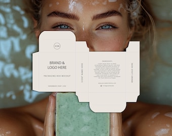 Flat Soap Packaging Box Mockup | PSD + AI Template with Smart Layers & Print Effects, Cosmetics Beauty Packaging Label Mockup | Brand Logo