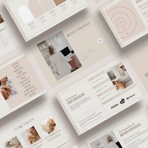 May include: A branding strategy guide with a beige background and text in black. The guide includes sections on brand foundation, brand strategy, and core values. The guide also includes a diagram of a circle with three concentric circles inside.