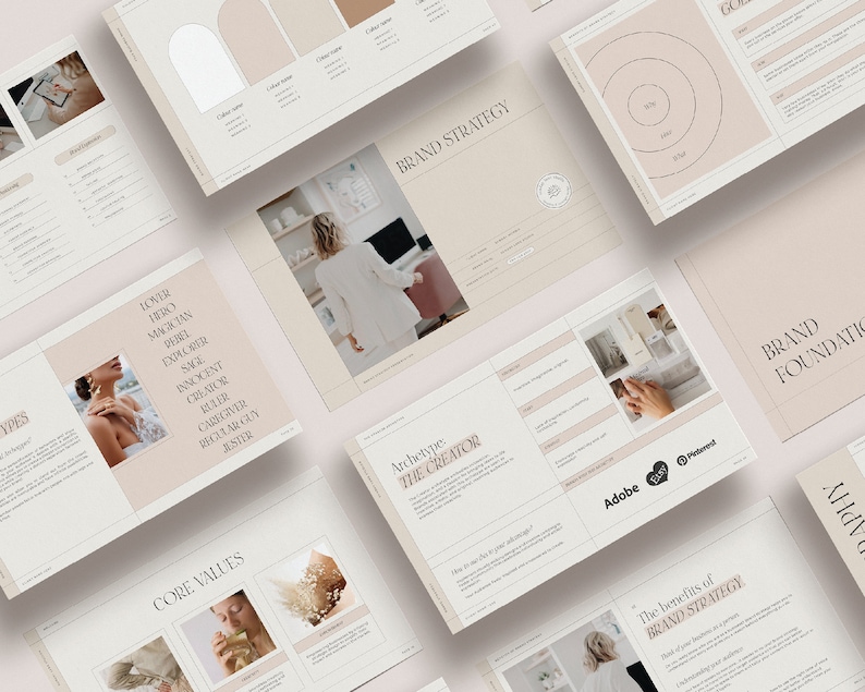 May include: A branding strategy guide with a beige background and text in black. The guide includes sections on brand foundation, brand strategy, and core values. The guide also includes a diagram of a circle with three concentric circles inside.