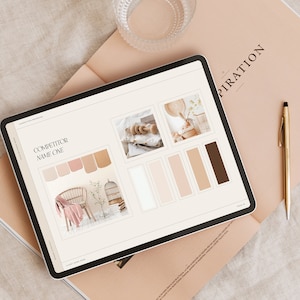 May include: A tablet screen displaying a competitor's color palette and design inspiration. The screen shows a color palette with shades of brown, beige, and white. The tablet is on top of a magazine with the word "Inspiration" printed on the cover.