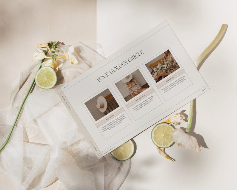 May include: A white card with the text "Your Golden Circle" printed on it. The card is divided into three sections, each with a photo and text. The photos show a woman wearing a hat, a woman wearing a dress, and a woman holding a bouquet of flowers. The text describes the photos and the concept of the Golden Circle.