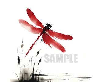 Japanese sumi-e red dragonfly Wall Art