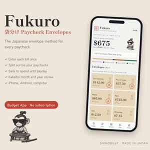 以下が含まれることがあります： Fukuro Paycheck Envelopes予算管理アプリのインターフェースを表示するスマートフォン。画面には675ドルの残高や、自動車保険、家賃、電話料金などのカテゴリー分けされた支出リストが表示されており、日本語のテキストも含まれています。