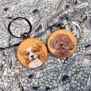 Llavero personalizado con retrato de mascota: dije de perro de madera pintado a mano, dije con retrato de mascota, regalo conmemorativo para mascotas, dibujo personalizado de mascota a partir de una foto, dije de gato