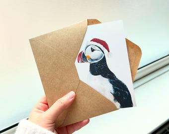 Puffin Christmas Card: Santa Hat Seabird Illustration