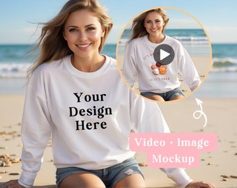 Gildan 18000 White Sweater Mockup Video, Girl on Beach, Female Model, Beach Setting, Customizable, Image Mockup, Summer Mockup, Easy To Edit
