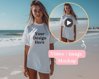 Bella + Canvas 3001 White T-Shirt Mockup Video, Girl on Beach, Oversized Shirt, Gen Z Girl, Beach Setting, Customizable, Image Mockup, Video