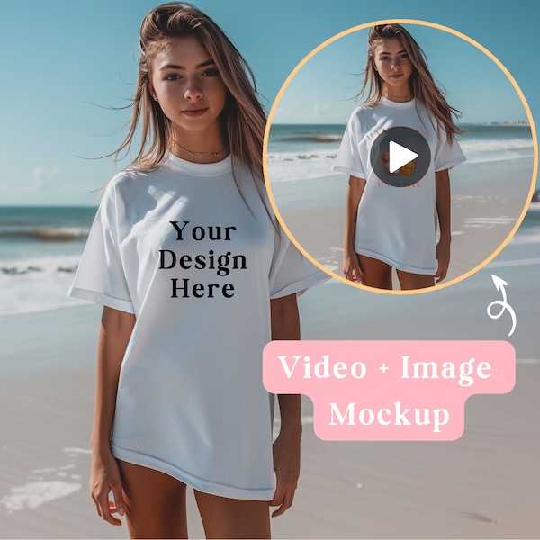 Bella + Canvas 3001 White T-Shirt Mockup Video, Girl on Beach, Oversized Shirt, Gen Z Girl, Beach Setting, Customizable, Image Mockup, Video