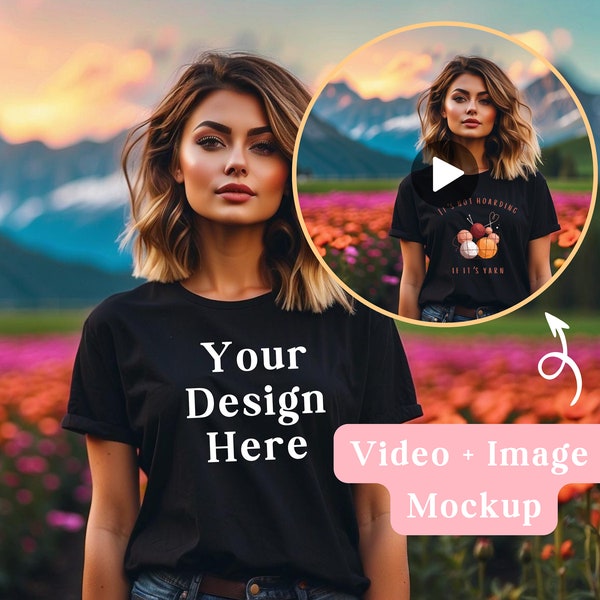 Bella + Canvas 3001 Black T-Shirt Mockup, Image and Video, Flower Field Girl, Colorful Mockup, Summer Floral Field, Vibrant Spring Field