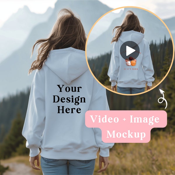 Gildan 18500 White Hoodie Video and Image Mockup, Female Model, Adventure Vibes, Girl Hiking, Customizable, Back Hoodie Mockup, Outdoor