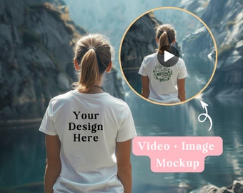 Bella Canvas 3001 White T-Shirt Video and Image Mockup, Female Model, Adventure Vibes, Girl Hiking, Easy To Edit, Back T-Shirt Mockup, Canva