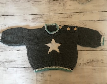 Grey Hand Knitted Baby Jumper with White Star Detail