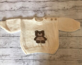 Hand Knitted Baby Jumper Cream with Teddy Bear Detail