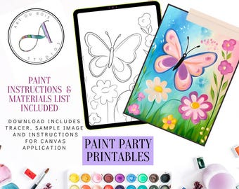 May include: A digital download for a paint party printable featuring a butterfly and flowers. The download includes a tracer, sample image, and instructions for canvas application. The text "PRINT. TRACE. PAINT." is at the top of the image. The text "PAINT PARTY PRINTABLES" is at the bottom of the image.