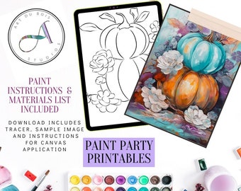 May include: A digital download for a paint party printable featuring a line drawing of two pumpkins and flowers, a painted version of the same image, and a set of watercolor paints. The text "PRINT. TRACE. PAINT." is at the top of the image. The text "PAINT PARTY PRINTABLES" is at the bottom of the image.
