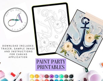 Könnte beinhalten: Ein Bild, das eine Malparty bewirbt. Es zeigt ein digitales Tablet mit einer Ankerkontur, einem bemalten Ankerdesign und einer Aquarellpalette. Der Text enthält "PRINT. TRACE. PAINT." und "PAINT PARTY PRINTABLES."