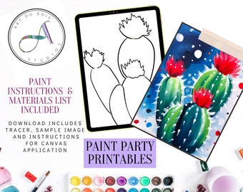 DIY Paint Party Printable, Vorgezeichnete, Vaterländische Kakteen Kaktus Sukkulenten in Vase, Sofort Download, DIY Leinwand Kunst, Digital Download