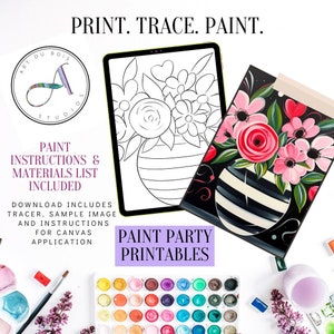 Pode incluir: Imagem que promove imprimíveis para festas de pintura. A imagem apresenta um tablet digital com um contorno floral, uma tela pintada com flores cor-de-rosa e uma paleta de aquarela. O texto inclui "Print. Trace. Paint." e "Paint Party Printables."