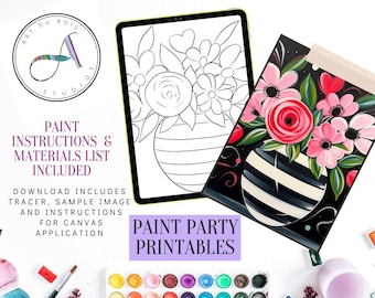 May include: An image promoting paint party printables. The image features a digital tablet with a floral outline, a painted canvas with pink flowers, and a watercolor palette. Text includes "Print. Trace. Paint." and "Paint Party Printables."
