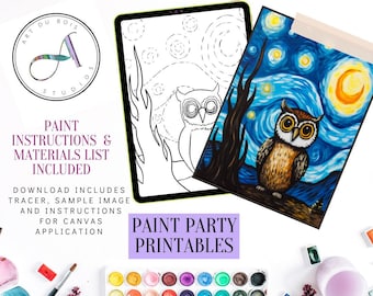Starry Night Owl Paint Party Printable: DIY Canvas Art (Digital Download)
