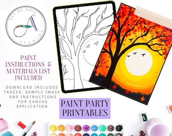 May include: A digital tablet displaying a black and white outline of a tree with birds and a sun. Next to the tablet is a colored version of the same image with a red, orange, and yellow sunset. The text "PRINT. TRACE. PAINT." is at the top of the image. The text "PAINT PARTY PRINTABLES" is below the tablet. A set of watercolor paints is in the lower right corner of the image.