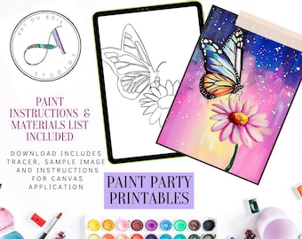 May include: A digital download for a paint party printable featuring a butterfly and flower design. The download includes a tracer, sample image, and instructions for canvas application. The text "PRINT. TRACE. PAINT." is at the top of the image. The text "PAINT PARTY PRINTABLES" is at the bottom of the image.