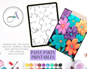 DIY Paint Party Printable, Pre-Drawn Flowers, Instant Download, DIY Canvas Art, Digital Download