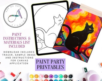 Halloween Black Cat Sunset Paint Party Printable (Digital Download)