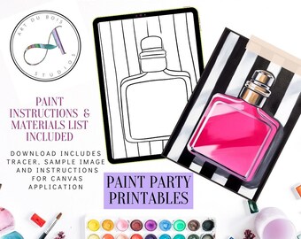 DIY Paint Party zum Ausdrucken, schickes Parfüm schwarz weiß gestreift, Sofort-Download, DIY-Leinwandkunst, digitaler Download – Malanleitung enthalten