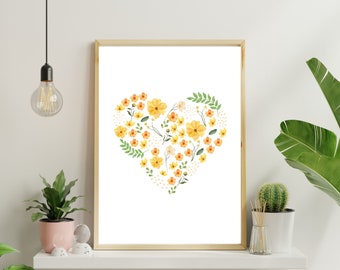 watercolor wildflower heart wall art, minimalist wall art, flower wall art, printable wall decor, instant download