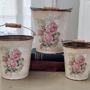 Vintage Set Of 3 Metal Tin Buckets Pails With Handle Decoupage Scott's Roses Shabby Chic Distressed Nesting Pails