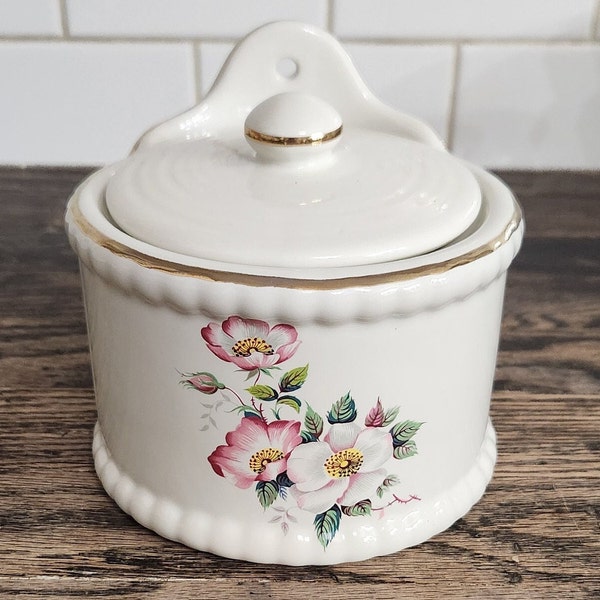 Vintage Salt Box Salt Cellar by House of Webster Briar Rose Pattern Ceramic Salt Box With Lid Shabby Cottage Chic Roses