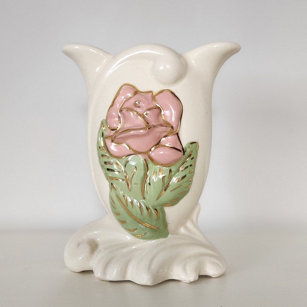 Vintage Ceramic Vase Raised Relief Pink Rose With Green Leaves Gold Trim